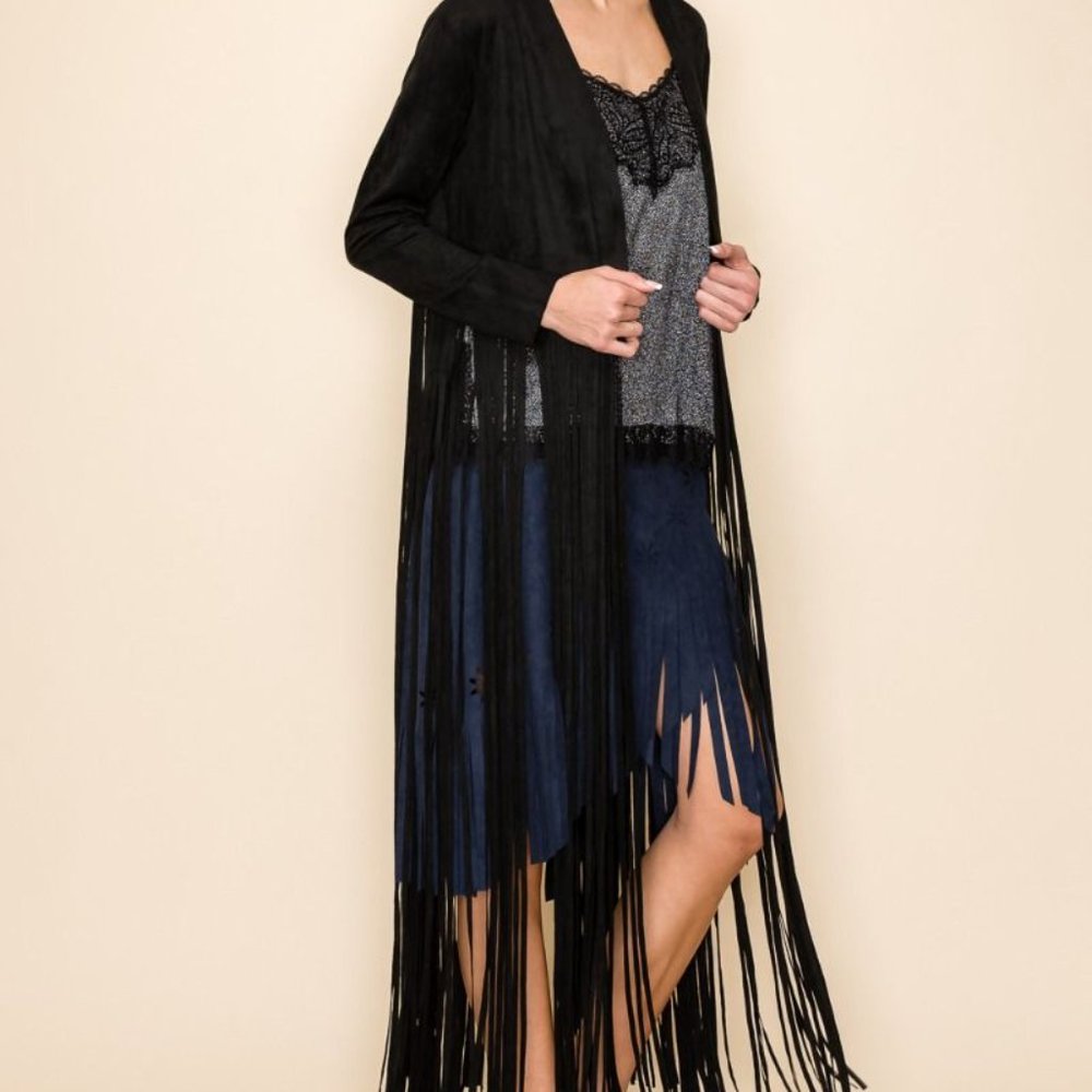 VOCAL suede fringe DUSTER JACKET Woodstock Boho western rodeo cowgirl SM-3X BLK
